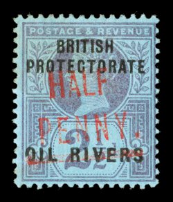 S.G. 12, 1893 ½p on 2½p Purple on blue, Ty. 4 surcharge in vermilion, strong color, full o.g., lightly hinged, fine it is believed only 60 were printed signed H. Bloch and
accompanied by a 2003 Sismondo certificate (Scott 21 var.).