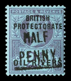 S.G. 15, 1893 ½p on 2½p Purple on blue, Ty. 4 surcharge in black, fresh mint example with the very rare intense black surcharge, deep colors, o.g., lightly hinged, nearly very
fine an immense rarity of the HalfPenny surcharges with only 19