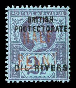 S.G. 17, 1893 ½p on 2½p Purple on blue, Ty. 5 surcharge in vermilion, scarce mint single, attractive colors, o.g., mild h.r., light vertical crease, very fine appearance 1993
APS certificate (Scott 22 var.).