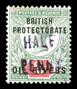 S.G. 18, 1893 ½p on 2p Green and carmine, Ty. 6 surcharge in violet, fresh mint single, well centered with all perfs. clear of the frames, nice color and well struck
surcharge, o.g., choice very fine estimates vary on the number surcharged but