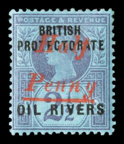 S.G. 21, 1893 ½p on 2½p Purple on blue, Ty. 7 surcharge in vermilion, beautifully centered, attractive pastel color on bright blue paper, o.g., lightly hinged, extremely fine
and choice 1990 BPA certificate ex-Allen (Scott 10 $325.00).