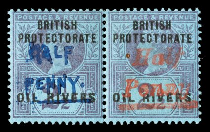 S.G. 25, 32, 1893 Half-Penny Ty. 8 surcharge in vermilion, Ty. 9 surcharge in blue, horizontal se-tenant pair, quite fresh, o.g., lightly hinged, very fine for this an
exceedingly scarce and desirable se-tenant pair 1926 RPS certificate e