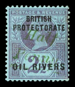 S.G. 27, 1893 ½p on 2½p Purple on blue, Ty. 8 surcharge in green, pretty mint single, deep colors and well struck surcharge, o.g., small toned spot on reverse only, otherwise
very fine scarce with only 60 stamps believed to have been printed 1