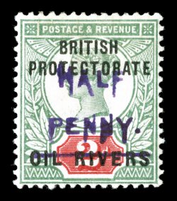 S.G. 29, 1893 ½p on 2p Green and carmine, Ty. 9 surcharge in violet, well centered, colors are strong and fresh for this difficult green stamp, plus a particularly well struck
example of this surcharge, o.g., light h.r., very fine and choice an