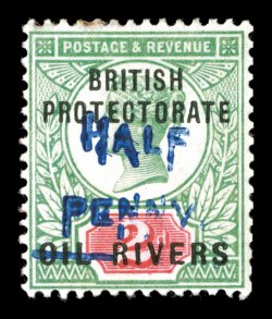 S.G. 30, 1893 ½p on 2p Green and carmine, Ty. 9 surcharge in blue, nicely centered, strong colors, part o.g. with a trifle heavier red offset than normal, very fine only 60
reportedly printed and far fewer exist today (Scott 15 $1,700.00)