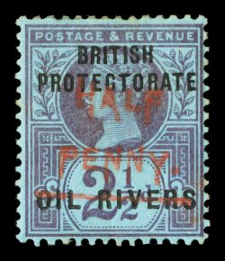 S.G. 31, 1893 ½p on 2½p Purple on blue, Ty. 9 surcharge in vermilion, deep colors, o.g., light gum toning on the reverse, otherwise very fine only 60 stamps are believed to
have been printed clear 1992 BPA certificate ex-Allen (Scott 17