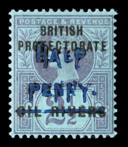 S.G. 32, 1893 ½p on 2½p Purple on blue, Ty. 9 surcharge in blue, quite well centered, deep colors with particularly strong strike of the surcharge, o.g., lightly hinged,
certificate mentions a wrinkle at bottom which is practically imperceptible