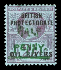S.G. 33, 1893 ½p on 2½p Purple on blue, Ty. 9 surcharge in green, deep colors, o.g., mild h.r., trivial perf. gum soak at top, otherwise fine only 120 printed (Scott 19
$425.00).