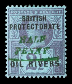 S.G. 35, 1893 ½p on 2½p Purple on blue, Ty. 10 surcharge in green, well centered, uncommonly fresh, o.g., relatively lightly hinged, very fine only 120 are believed to be
printed 1999 Brandon certificate (Scott 28 $475.00).