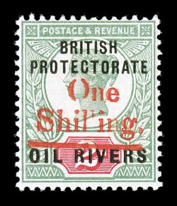 S.G. 38, 1893 1- on 2p Green and carmine, Ty. 11 surcharge in vermilion, fresh colors on bright paper, o.g., lightly hinged, very fine 1988 Brandon certificate (Scott 30
$675.00).