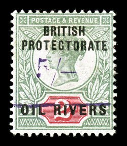 S.G. 40, 1893 5- on 2p Green and carmine, Ty. 12 surcharge in violet, a highly desirable copy of one of the key rarities of all the Niger Coast surcharges, exceedingly bright
and fresh, o.g., very fine a total of only 28 of the five shilling s