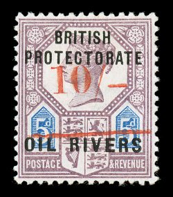 S.G. 41, 1893 10- on 5p Dull purple and blue, Ty. 12 surcharge in vermilion, a particularly choice mint example of this terribly rare stamp, possessing rich vibrant colors,
centered a bit to left as are all known genuine examples of this stamp,