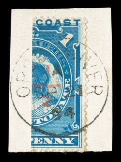 S.G. 57, 1894 ½ Opobo red provisional surcharge on half of 1p Dull blue, tied to piece by complete Opobo River c.d.s., deep color, fresh and very fine 1999 Brandon certificate
(Scott 49 $375.00).