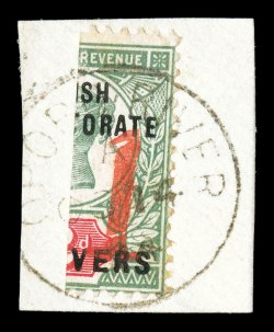 S.G. 59, 1894 1 Opobo provisional surcharge on half of 2p Green and carmine, tied to piece by clean Opobo River c.d.s., strong rich colors, fresh and very fine 1999 RPS
certificate (Scott 50 $400.00).