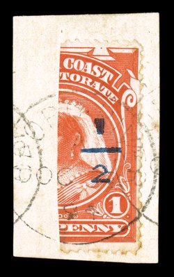 S.G. 64, 1894 ½ Opobo provisional surcharge on half of 1p Vermilion Victoria, tied to piece by complete Opobo River c.d.s., brilliant color, faintly toned perf. tip at bottom,
still very fine signed Holcombe ex-Isleham (Scott 51 $475.0