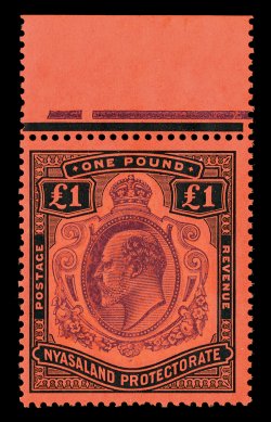 S.G. 81, 1908 £1 Purple and black on red, a remarkably fresh top sheet-margin single, deep intense colors, o.g., never hinged, trivial pencil notation on gum, very fine (Scott
10 $500.00).