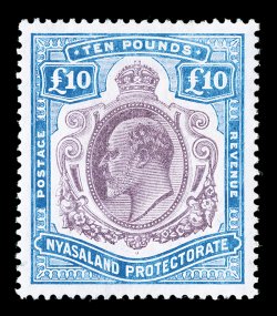 S.G. 82, 1908 £10 Purple and ultramarine, beautifully centered, bright fresh colors, faint surface rubbing at top and a minor scrape in the bottom left margin, very fine
appearance overall a highly collectable example of this rare stamp 2007 B