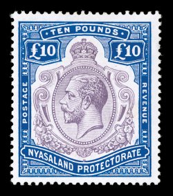 S.G. 99, 1913 £10 Purple and dull ultramarine, a marvelously fresh and choice example of this very scarce stamp, possessing gorgeous colors that are incredibly deep and
radiant, sharp detailed impression on crisp white paper, well centered, o.g.