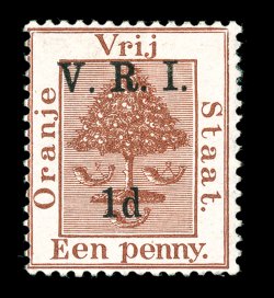 S.G. 102a, 1900 1d surcharge Ty. 31 on 1p Brown, error of color, deeply rich color, o.g., lightly hinged, fine a scarce error 1992 Brandon certificate (Scott 45O
$675.00).