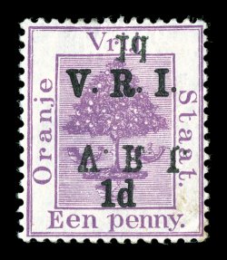 S.G. 113 var., 1900 V.R.I.1d Surcharge on 1p Purple, with additional inverted offset of overprint, the offset overprint is actually quite strong, rich color, o.g., mild corner
crease, fine a most unusual variety clear 2007 BPA certificate (