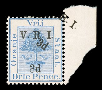 S.G. 117g, 1900 V.R.I.3d Surcharge on 3p Ultramarine, double surcharge, one diagonal, right sheet-margin single, with the diagonal V.R.I. largely in the sheet selvage, fresh,
o.g., h.r., small insignificant crease, fine an uncommon and eye