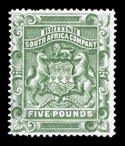 S.G. 12, 1892 £5 Sage green, scarce unused single, without gum as is often the case, bright color, fine (Scott 18 $1,7775.00).