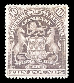 S.G. 93, 1901 £10 Lilac, a premium mint copy of this very scarce high value, well centered, fresh color, o.g., faint h.r., very fine exceptionally rare and quite desirable in
this impressive quality 2006 BPA certificate (Scott 75 $3,750.00).