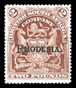 S.G. 113c, 1909 £2 Brown on bluish paper, lovely mint example of this rare stamp, with rich luxuriant color and a well defined impression, nicely centered, o.g., lightly
hinged, very fine almost never encountered in this select mint quality 19