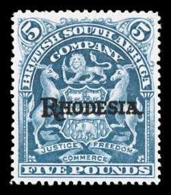 S.G. 113e, 1909 £5 Deep blue on bluish paper, handsome mint example of this very rare high value, not only is it exceedingly well centered, but also uncommonly fresh, with
strong rich color on bright paper, o.g. that is just slightly disturbed i