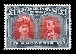 S.G. 166, 1910 £1 Rose scarlet and bluish black, with red printers mark in the top right margin, impeccably well centered, rich luxuriant colors, o.g., relatively lightly
hinged, extremely fine and uncommonly choice ex-Apollonia (Scott 