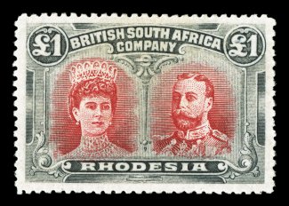 S.G. 166a, 1910 £1 Crimson and slate black, exceptionally well centered within lavish large margins, fresh colors, with an unmistakable slate black shade, large part o.g.,
very fine (Scott 118a $1,350.00).