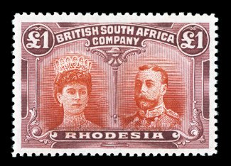 S.G. 166b, 1910-13 £1 Scarlet and reddish mauve, error of color, outstanding centering within lavishly large margins, gorgeous rich colors and strong detailed impressions,
o.g., relatively lightly hinged, extremely fine.This error was discover