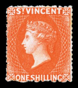 S.G. 24, 1877 1- Vermilion, perforated 11 to 12 12 x 15, unused, gorgeous bright color, faint trace of a toned perf. tip at top, fine and scarce (Scott 23
$1,150.00).