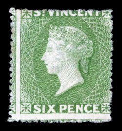 S.G. 26, 1877 6p Pale green, perforated about 15, bright color, typical centering, full original gum, faint hint of toning on back barely perceptible on front at top left,
fine an especially challenging stamp to find with original gum (Scott 1