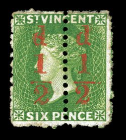 S.G. 33a, 1881 ½d surcharge on half of 6p Bright green, unsevered pair, bright color, o.g., fresh and very fine 1901 RPS certificate ex-Chapin, Gibralter (Scott 31a
$550.00).