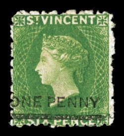 S.G. 34, 1881 One Penny surcharge on 6p Bright green, strong color, o.g., fine 2003 Brandon certificate (Scott 32 $550.00).