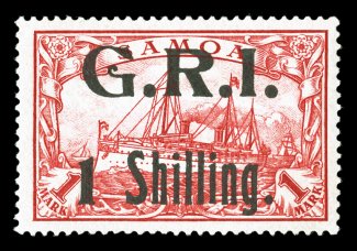 S.G. 111, 1914 G.R.I.1 Shilling. surcharge on 1M Carmine, extraordinarily well centered and margined, bright fresh color, o.g., trivial h.r., extremely fine this stamp is the
rarest of all of the values of the Samoa G.R.I. surcharges becau