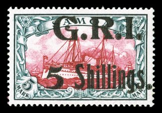 S.G. 114, 1914 5 Shillings. on 5M Carmine and black, marvelously well centered, strong rich colors, o.g., lightly hinged, extremely fine an especially handsome copy of this
rare stamp, with 534 5 Mark stamps surcharged signed Champion and ac
