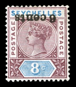 S.G. 40a, 1901 6 cents surcharge on 8c Brown purple and ultramarine, deeply rich colors, o.g., small h.r., a very fine example of this scarce error 1942 RPS certificate (Scott
32a $800.00).