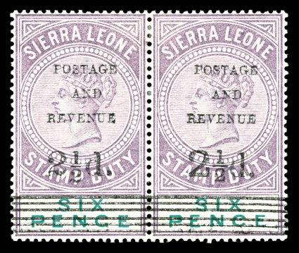 S.G. 62, 59, 1897 2½d. surcharge Ty. 12 and Ty. 8 on 6p Dull purple and green, se-tenant pair, the left stamp being the scarcer Ty. 12, fresh color, o.g., lightly hinged, very
fine (Scott 55, 52 $335.00+).
