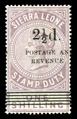 S.G. 64, 1897 2½d. surcharge Ty. 9 on 1- Dull lilac, well centered, rich color, o.g., trivial gum bend at top left, a very fine copy of this scarce surcharge type clear 2008
Brandon certificate (Scott 57 $1,100.00).