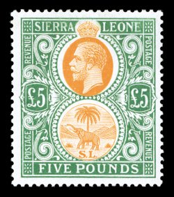 S.G. 148, 1923 £5 Orange and brown, lovely bright colors on fresh white paper, nicely centered, o.g., lightly hinged, just the slightest bit of rubbing at top, otherwise very
fine (Scott 139 $1,300.00).
