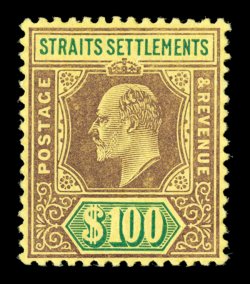 S.G. 140, 1910 $100.00 Purple and green on yellow, uncharacteristically well centered, lovely bright colors, o.g., lightly hinged, trivial corner crease at bottom right, very
fine an attractive example of one of the rarest of all the King Edw