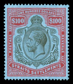 S.G. 240c, 1923 $100.00 Black and carmine on blue, an outstanding mint example of this very rare stamp, featuring flawless centering amid large balanced margins, rich
luxuriant colors on bright fresh paper, o.g., lightly hinged, extremely fine<
