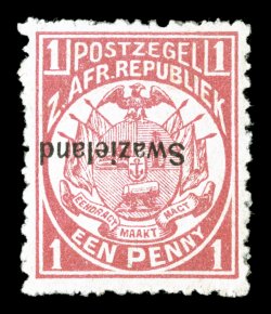 S.G. 1a, 1889 Swaziland overprint on 1p Carmine, inverted overprint, fresh example of this scarce error, from the eighth column, bright color, o.g., lightly hinged, mild
horizontal crease, fine appearance (Scott 2a $800.00).