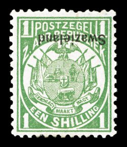 S.G. 3a, 1889 Swazieland overprint on 1- Green, inverted overprint, well centered, bright color, slightly disturbed o.g., very fine a scarce error that is seldom offered 2002
RPS certificate (Scott 5a $1,100.00).