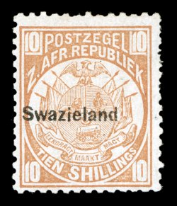 S.G. 9, 1890 10- Fawn, overprinted Swazieland, position 45, attractive color, full original gum, small gum crease mentioned only for strict accuracy, fine only one sheet of 60
stamps was ever printed, with several of these being used, an