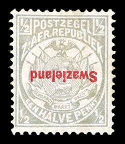S.G. 10a, 1892 Swazieland overprint in carmine on ½p Grey, inverted overprint, position 5, well centered, o.g., small h.r., fresh and very fine a scarce error 1991 BPA
certificate (Scott 9a $575.00).