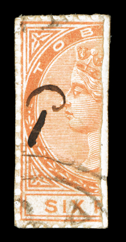 S.G. 7, 1880 1d manuscript surcharge on half of 6p Orange, tied to small piece light unobtrusive cancel, strong color, fine a very scarce provisional surcharge 1962 RPS
certificate (Scott 7 $875.00).