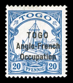 S.G. H32, 1915 (Jan.) 20pf Ultramarine, Sansane-Mangu printing, strong color, o.g., barest trace of hinging (if any), fresh and very fine an especially elusive stamp photocopy
of a 1979 RPS certificate for a block of four, this being the top r